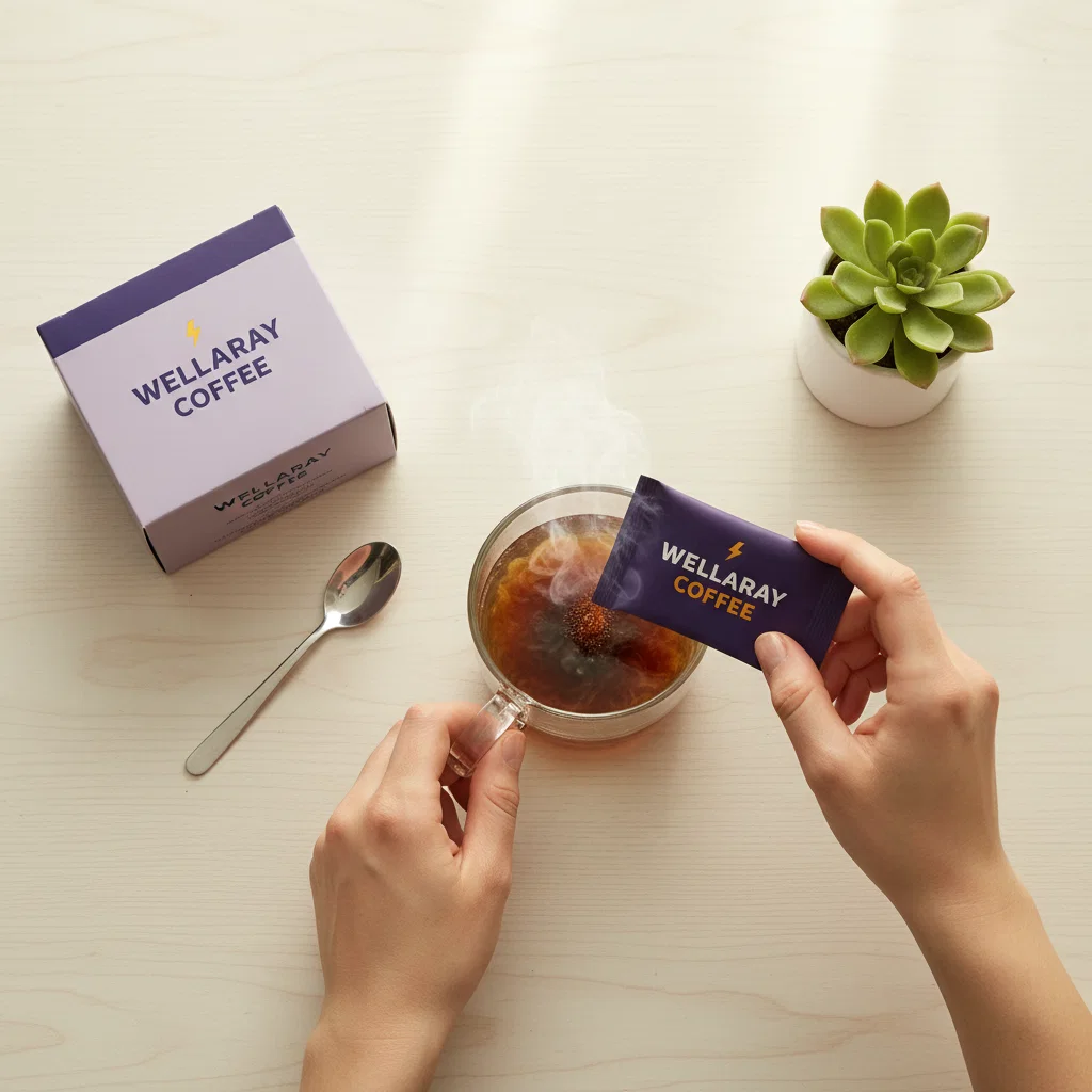 Hands preparing a Wellaray Coffee sachet as part of a morning wellness routine